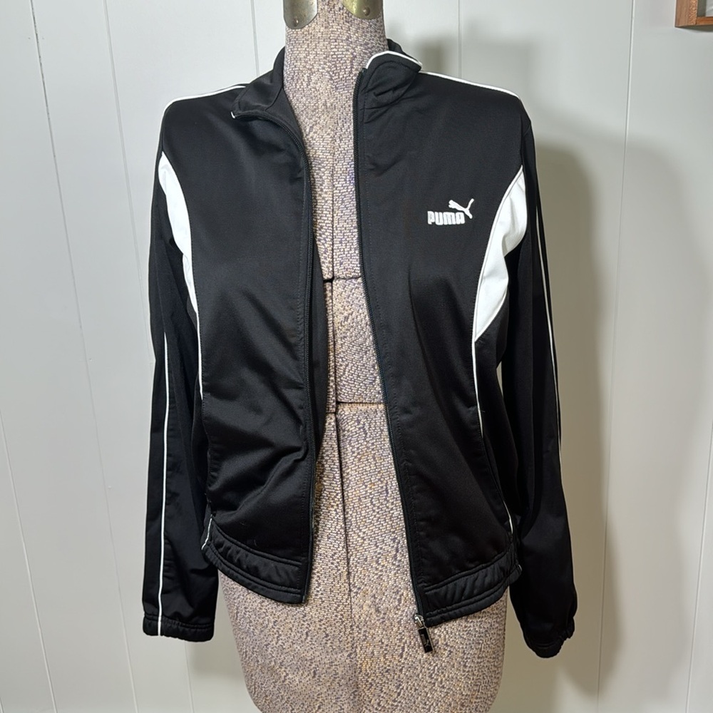 Puma Womens Medium Black and White Zippered Jacket with Pockets Athleisure